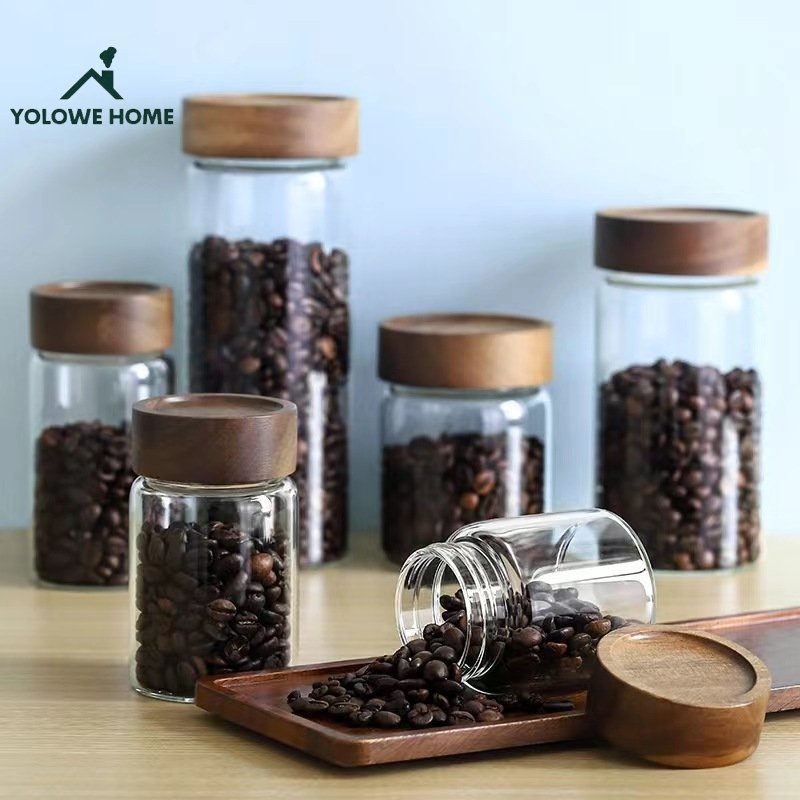 YOLOWE HOME Modern Design Wide-Mouthed Glass Storage Jars with Acacia Lid Kitchen Organizers and Pickle Jars for Food Storage