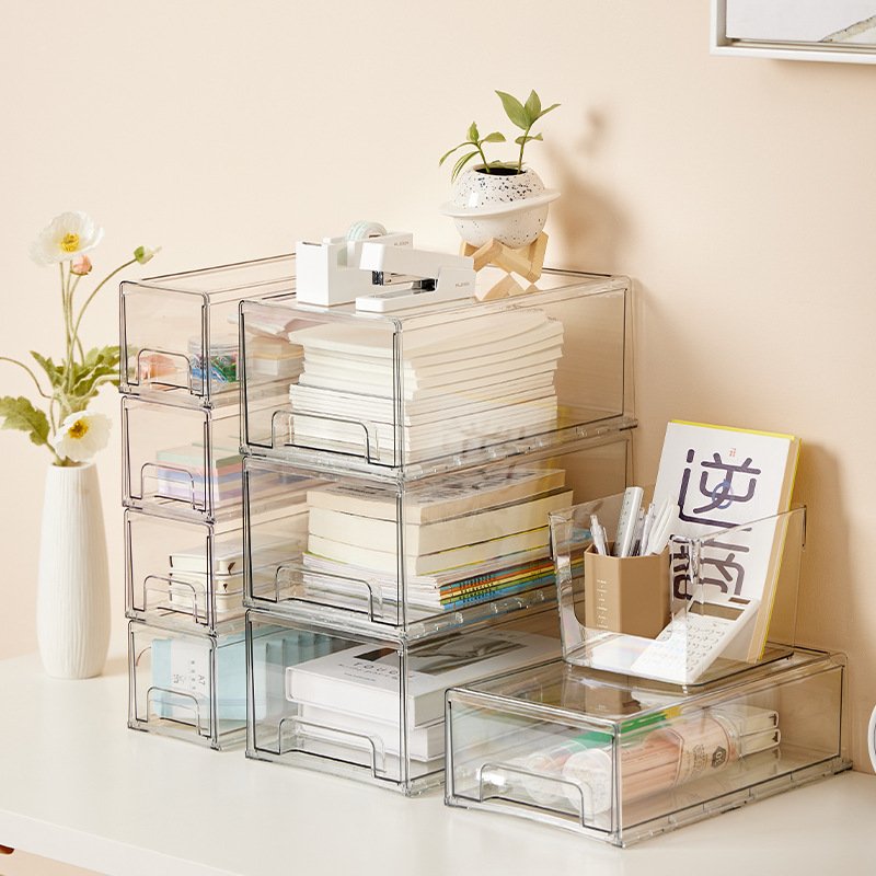 Refrigerator Storage Box with Push-pull Cosmetics Stacked Drawer Storage Box Office Multi-layer Desktop Mask Organizer Box