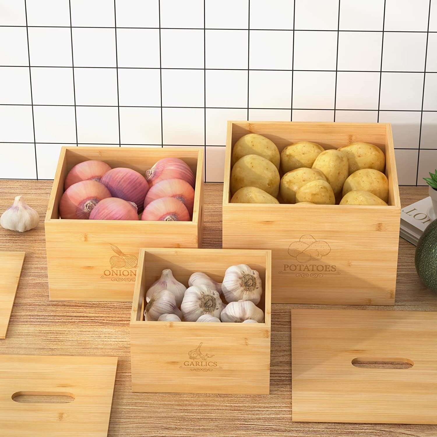 New Kitchen Stackable Tableware Countertop With Carved Wooden Potato And Onion Storage Box
