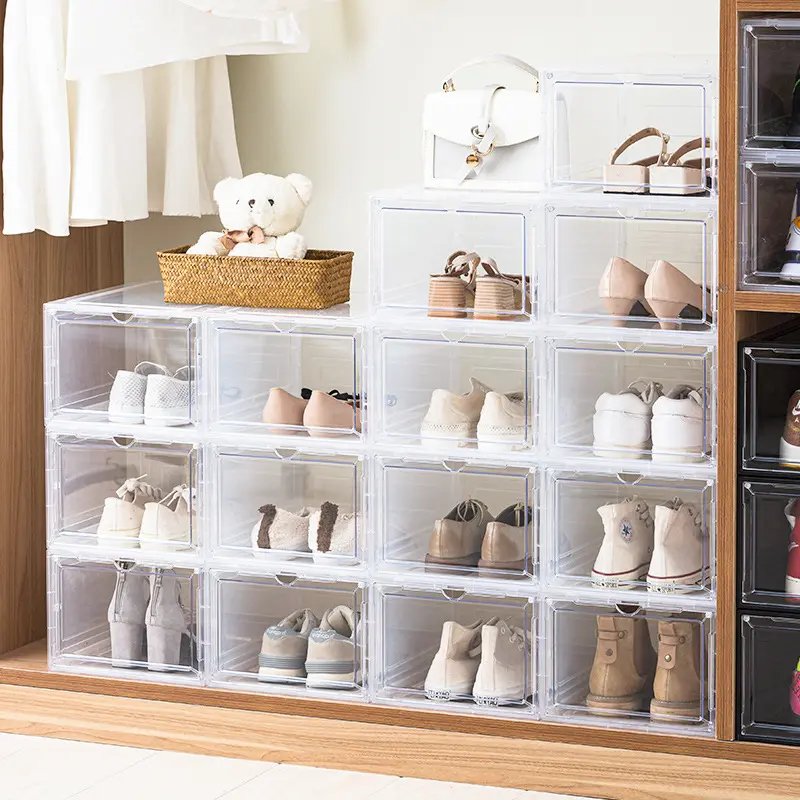 Customized Logo Hot 6 Pack Set Stackable Shoe Storage Box Crates Plastic Clear Sneaker Box For Shoes Display Shoe Case
