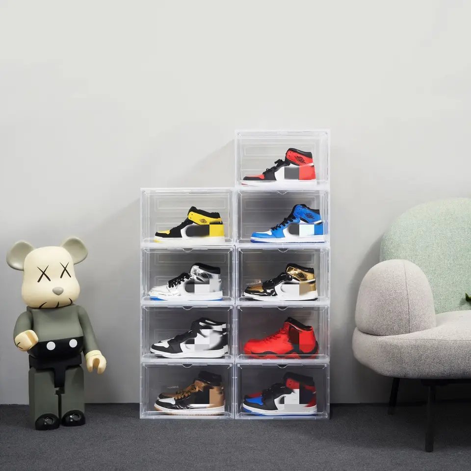 Customized Logo Hot 6 Pack Set Stackable Shoe Storage Box Crates Plastic Clear Sneaker Box For Shoes Display Shoe Case