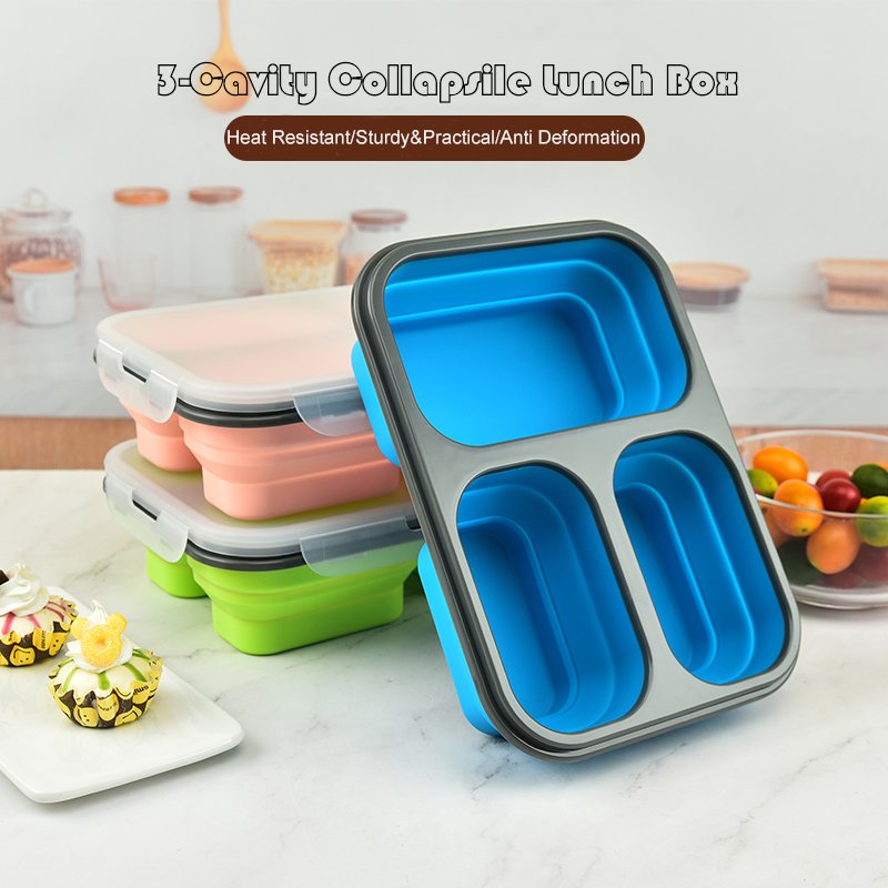 Multi Function Foldable Panic Travel Food Container Leakproof 3-Cavity Silicone Collapsible Lunch Bento Box
