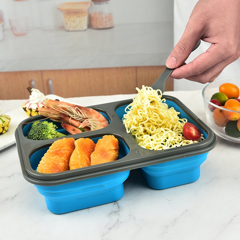 Multi Function Foldable Panic Travel Food Container Leakproof 3-Cavity Silicone Collapsible Lunch Bento Box
