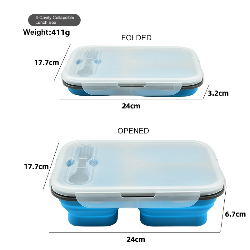 Multi Function Foldable Panic Travel Food Container Leakproof 3-Cavity Silicone Collapsible Lunch Bento Box