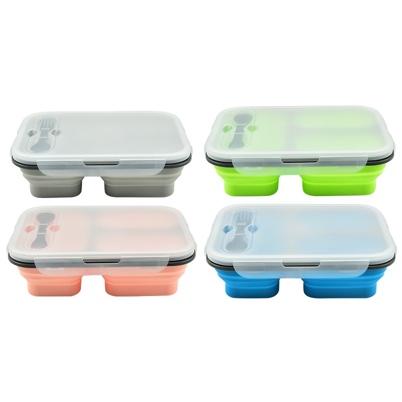 Multi Function Foldable Panic Travel Food Container Leakproof 3-Cavity Silicone Collapsible Lunch Bento Box