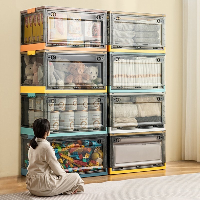 New hot Large capacity folding double door storage box transparent PP finishing container with wheels household storage box