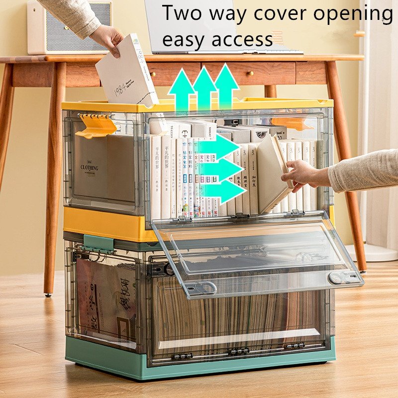 New hot Large capacity folding double door storage box transparent PP finishing container with wheels household storage box