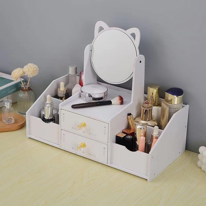 Cosmetic Storage Box Premium Feeling Desktop Drawer Jewellery Box Dustproof Desktop Makeup Mirror Skin Care Organiser