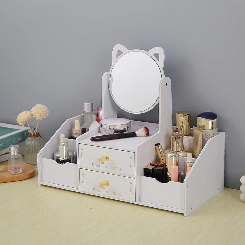 Cosmetic Storage Box Premium Feeling Desktop Drawer Jewellery Box Dustproof Desktop Makeup Mirror Skin Care Organiser