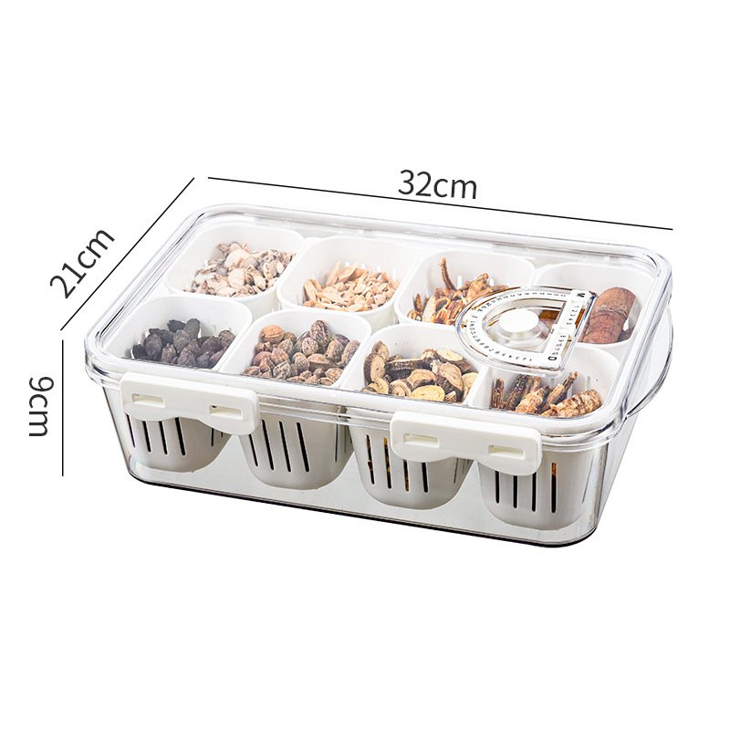 New Chinese style kitchen spice storage box 8-compartment stacking refrigerator storage container with timer food drain box