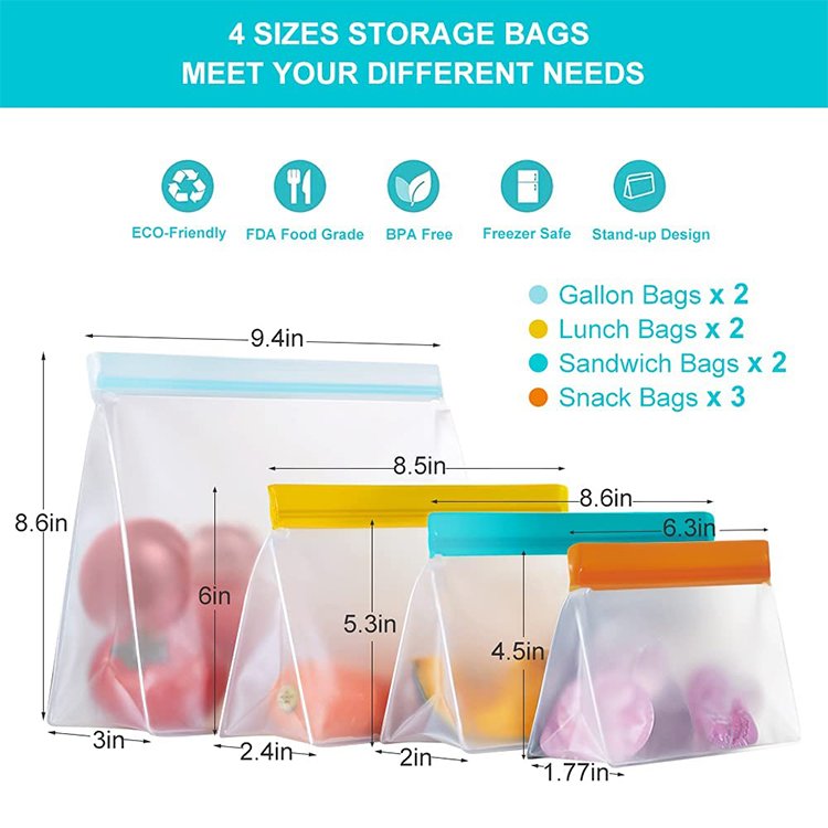 Eco-friendly frosted plastic peva reusable food bag custom logo ziplock food storage bag washable leakproof sandwich bag