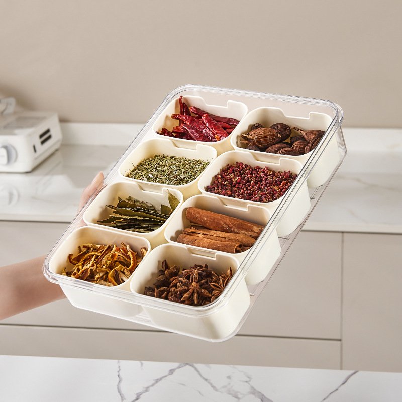 Kitchen Organizer 8 Compartment Spices Storage Container Plastic Clear Divided Food Serving Tray With Lid And Handle