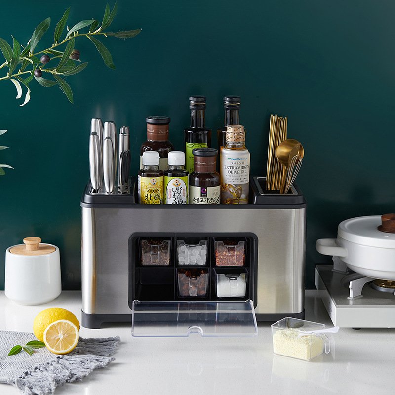 Kitchen condiment bottle shelf Household stainless steel condiment jar condiment knife holder storage box drain organizer