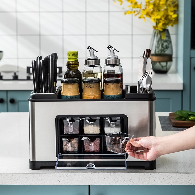 Kitchen condiment bottle shelf Household stainless steel condiment jar condiment knife holder storage box drain organizer