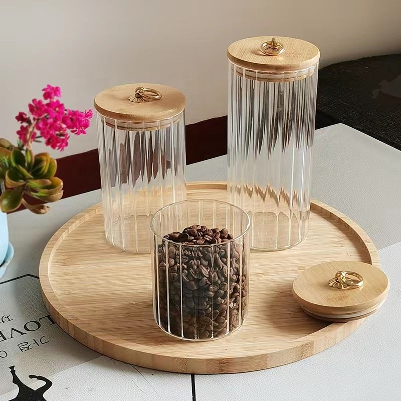 New Design Glass Storage Jar for Kitchen High Borosilicate Glass Food Canister Striped Glass Jar with Bamboo Lid