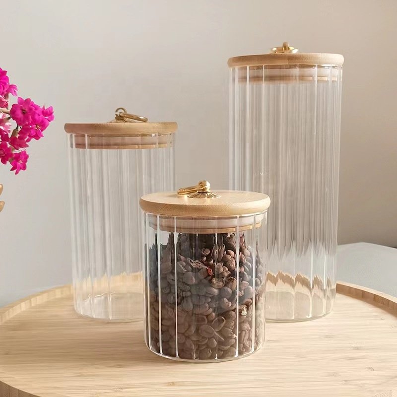 New Design Glass Storage Jar for Kitchen High Borosilicate Glass Food Canister Striped Glass Jar with Bamboo Lid