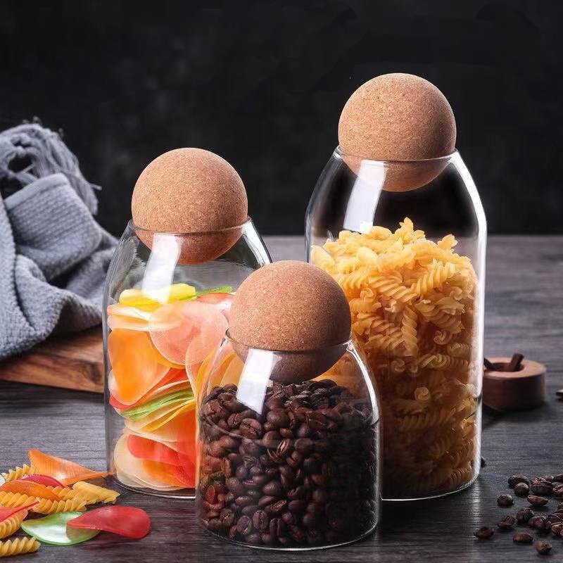 Wholesale Food Storage Glass Jar with Ball Cork Lid Eco-friendly Glass Canister Kitchen Spice Glass Container for Sugar Coffee