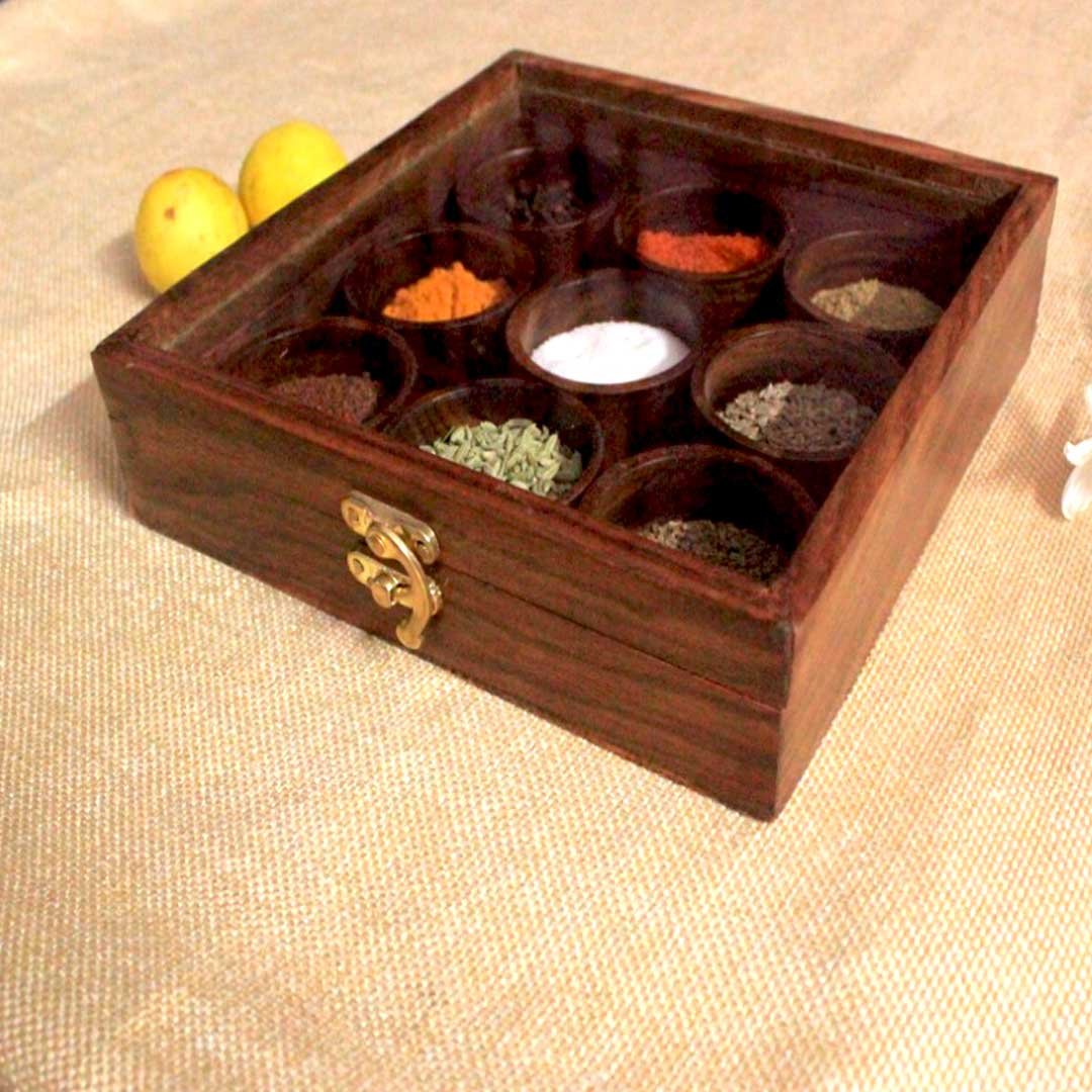Natural Quality Wooden Spice Box Round Shape Top Glass Clear Kitchen Style Modern Color Feature Eco Material