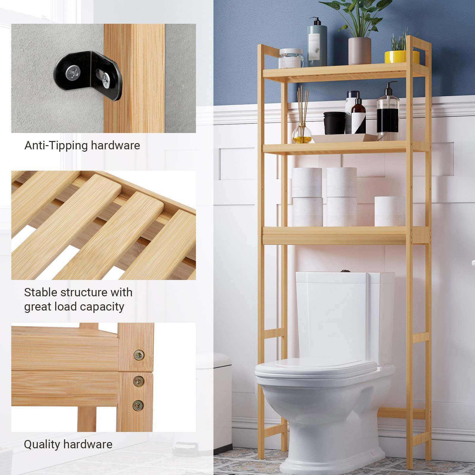 Customizable 3-Tier Bamboo Bathroom Cabinet Organizer Wooden Toilet Rack Over The Toilet Storage Rack Shelf