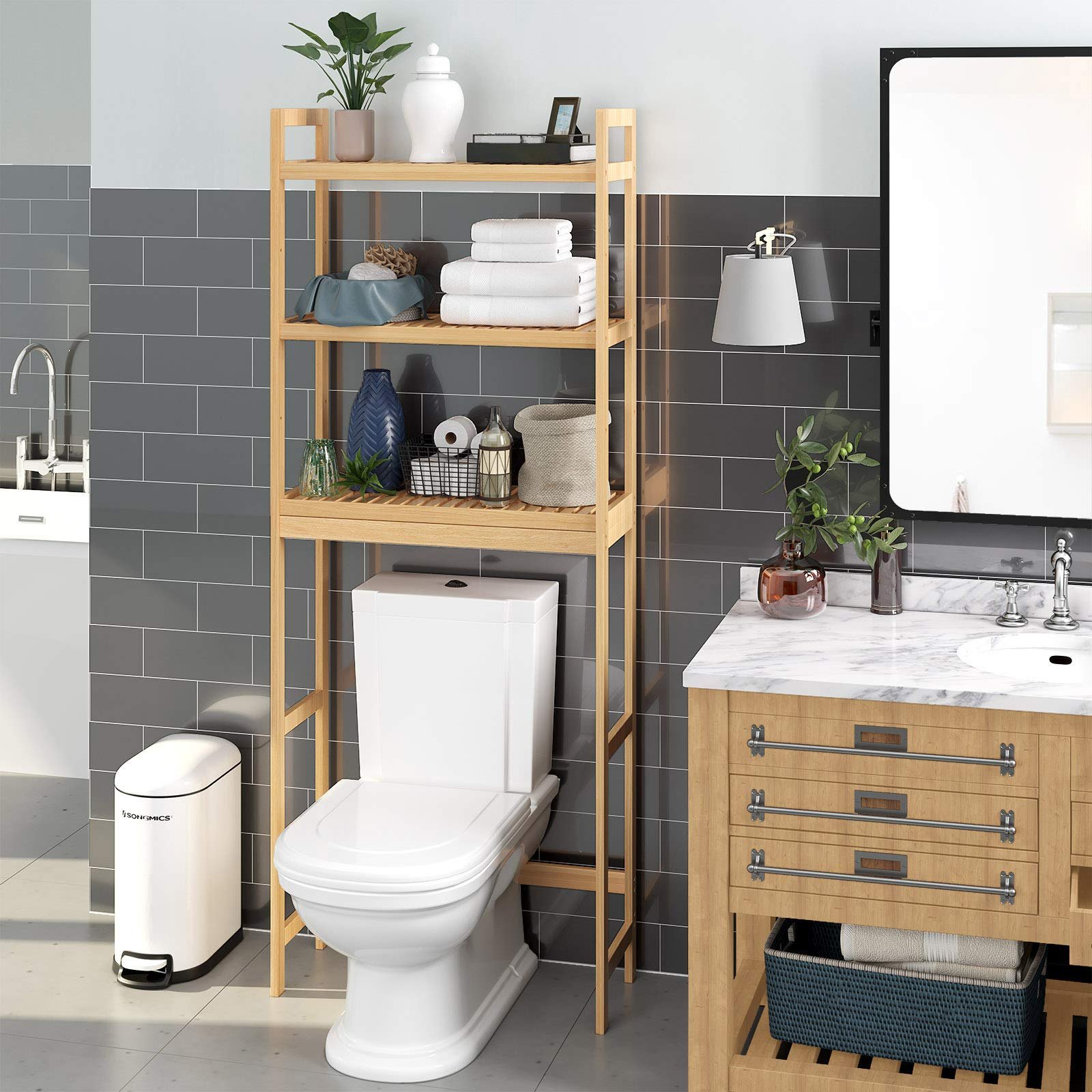 Customizable 3-Tier Bamboo Bathroom Cabinet Organizer Wooden Toilet Rack Over The Toilet Storage Rack Shelf