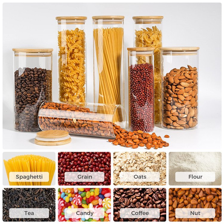 Most Popular Multi-Specification Storage Bottles Borosilicate Clear Square Glass Food Storage Jars with Airtight Bamboo Lid