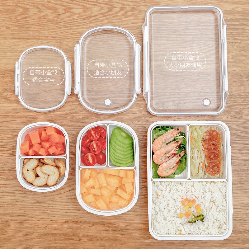 3-Compartment White Plastic Lunch Box with Silicone Lids - Reusable Food Storage Containers