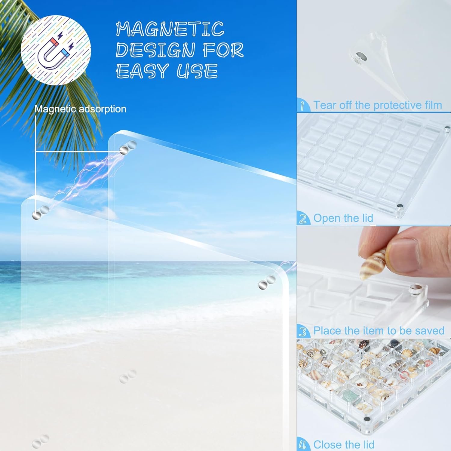 Acrylic Magnetic Small Seashell Display Box Container Case Transparent Clear Organizer Seashell Storage Box for Beach Nails Gems