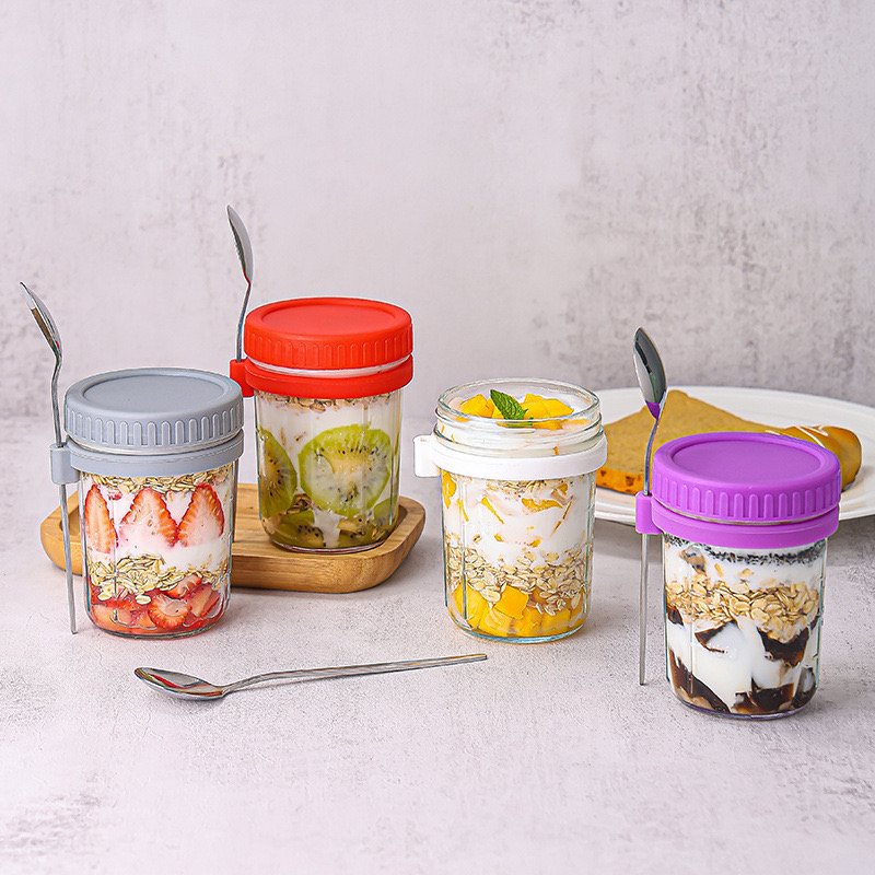 Customized Design Borosilicate Glass 350ml Oats Container Bottle With Stainless Spoon And Various Colored Silicone Lids Cover
