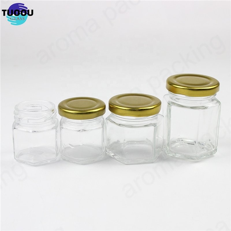 Wholesale 30ml 50ml 60ml Clear Glass Storage Jar Hexagon Kitchen Glass Bottle Round Glass Honey Jar With Gold Lids