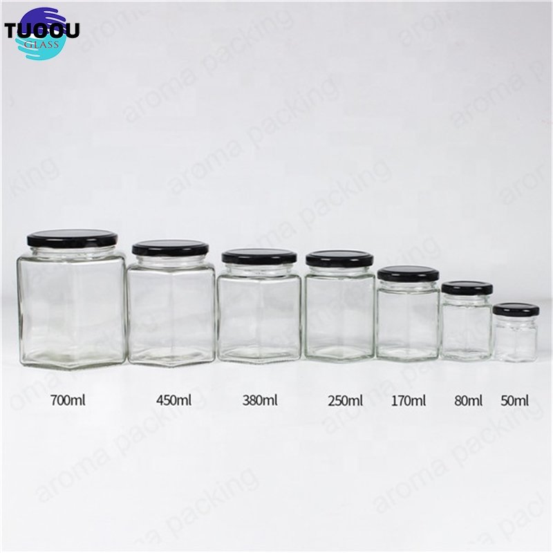 Wholesale 30ml 50ml 60ml Clear Glass Storage Jar Hexagon Kitchen Glass Bottle Round Glass Honey Jar With Gold Lids