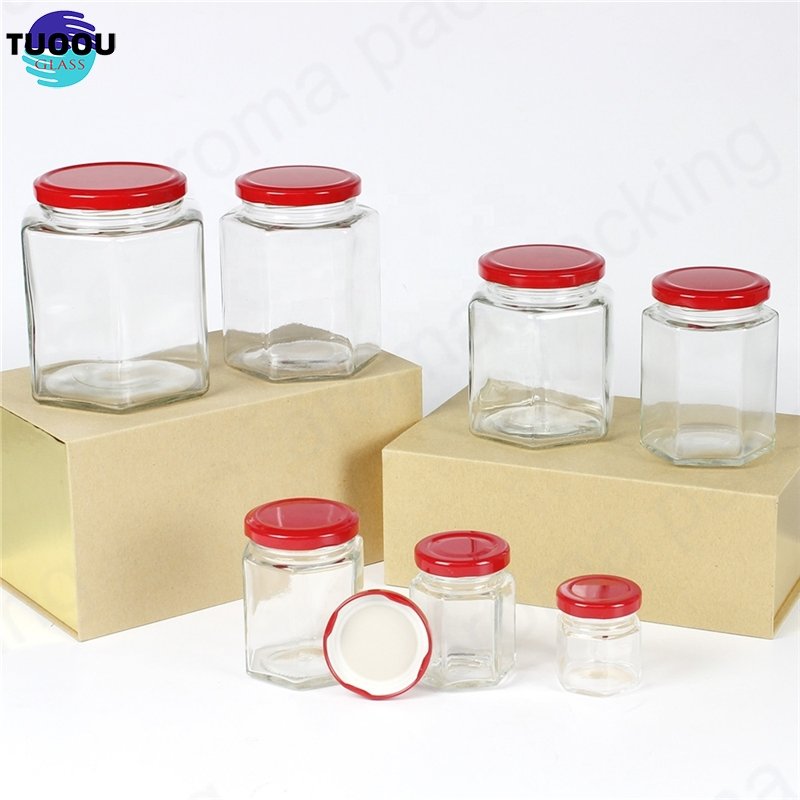 Wholesale 30ml 50ml 60ml Clear Glass Storage Jar Hexagon Kitchen Glass Bottle Round Glass Honey Jar With Gold Lids
