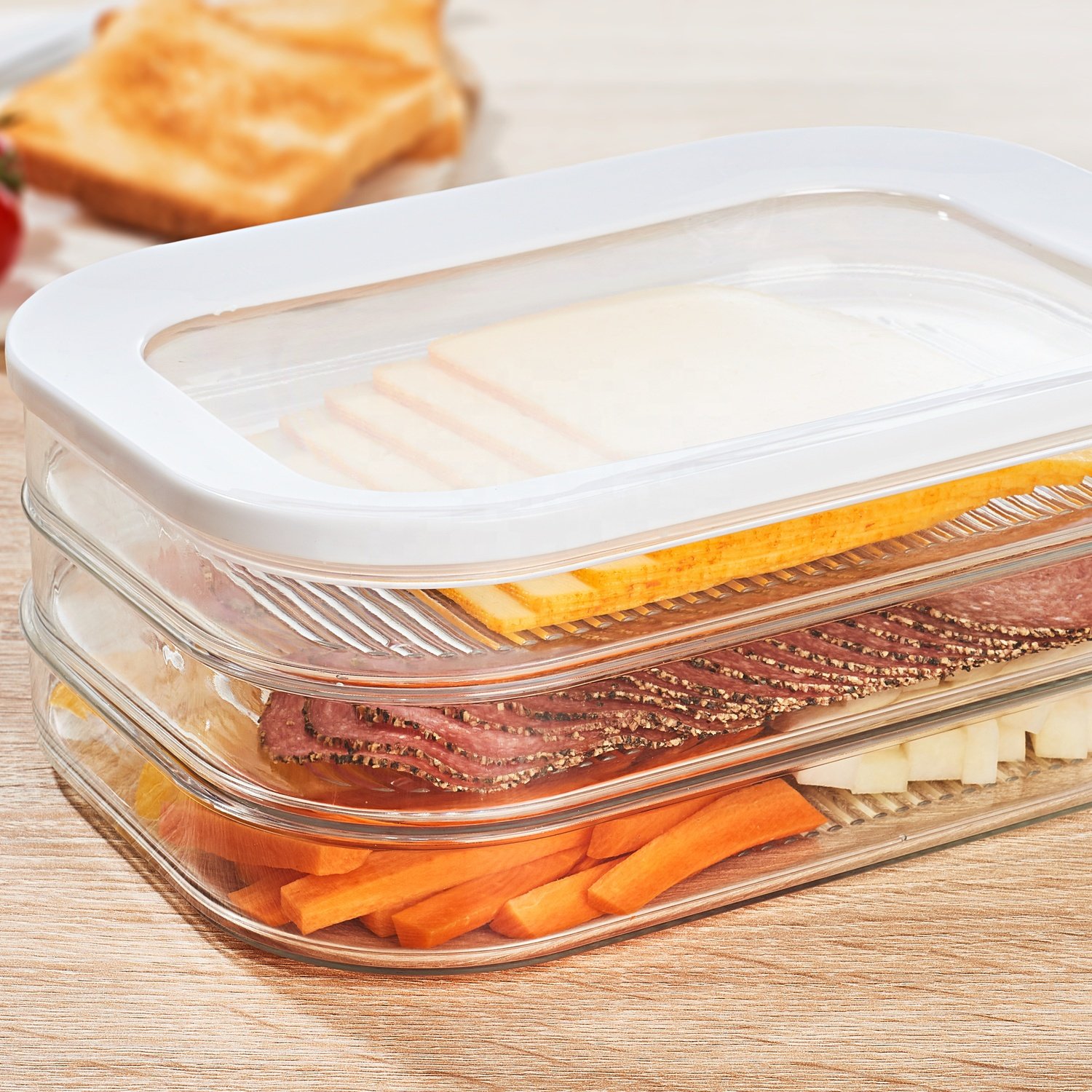 Plastic Fridge Food Storage Containers Case Organizer Tray Single Layer Stackable with Lid
