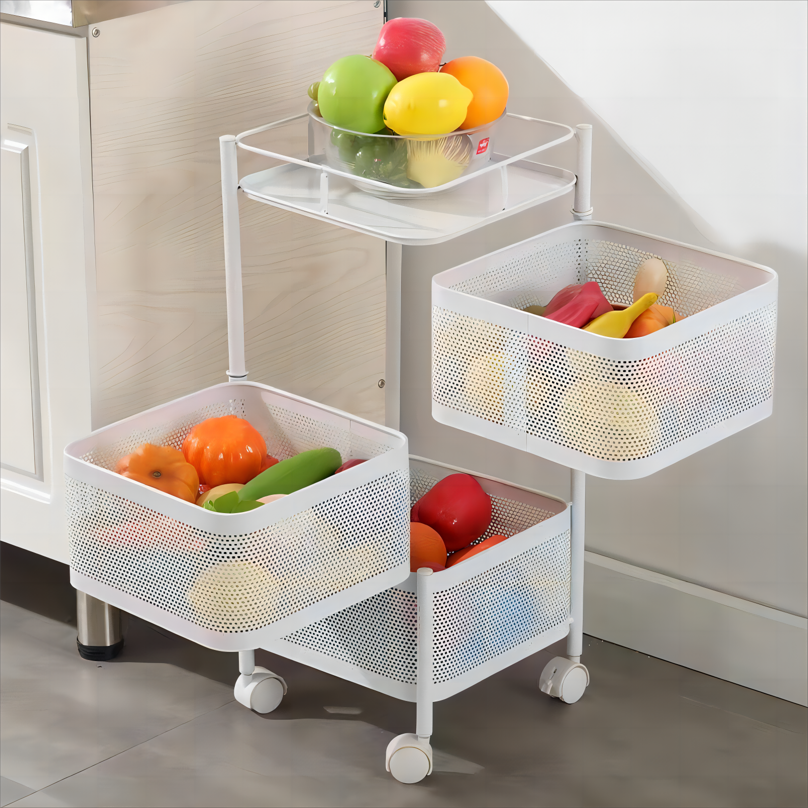 Rotatable Basket with Wheels Movable Square Food Storage Trolley Metal Kitchen Rack Organizer Storage Holders & Racks