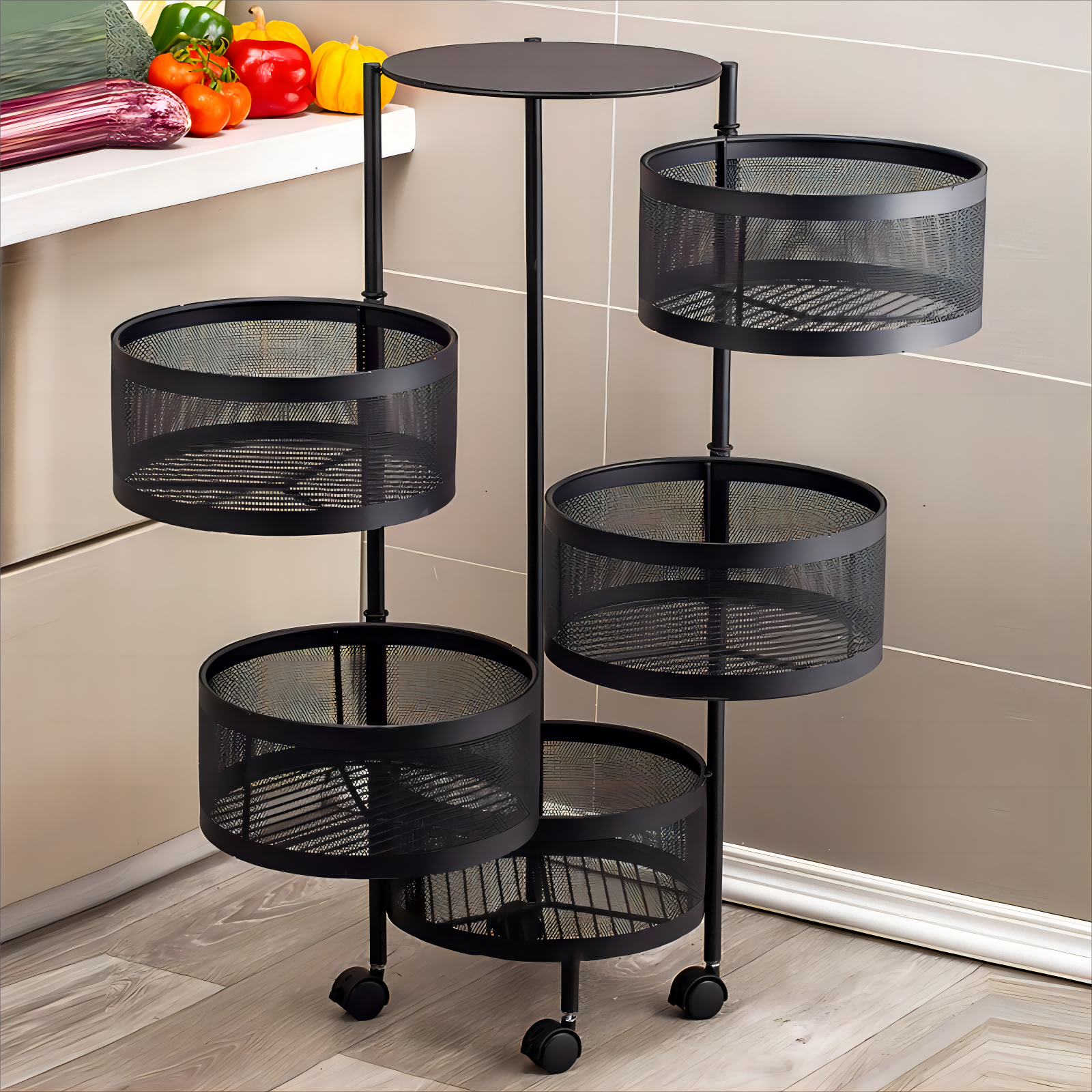 Rotatable Basket with Wheels Movable Square Food Storage Trolley Metal Kitchen Rack Organizer Storage Holders & Racks