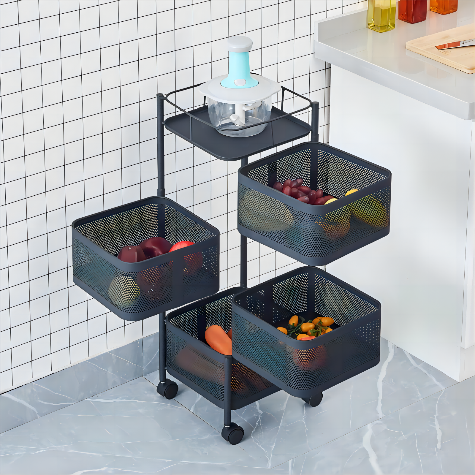 Rotatable Basket with Wheels Movable Square Food Storage Trolley Metal Kitchen Rack Organizer Storage Holders & Racks