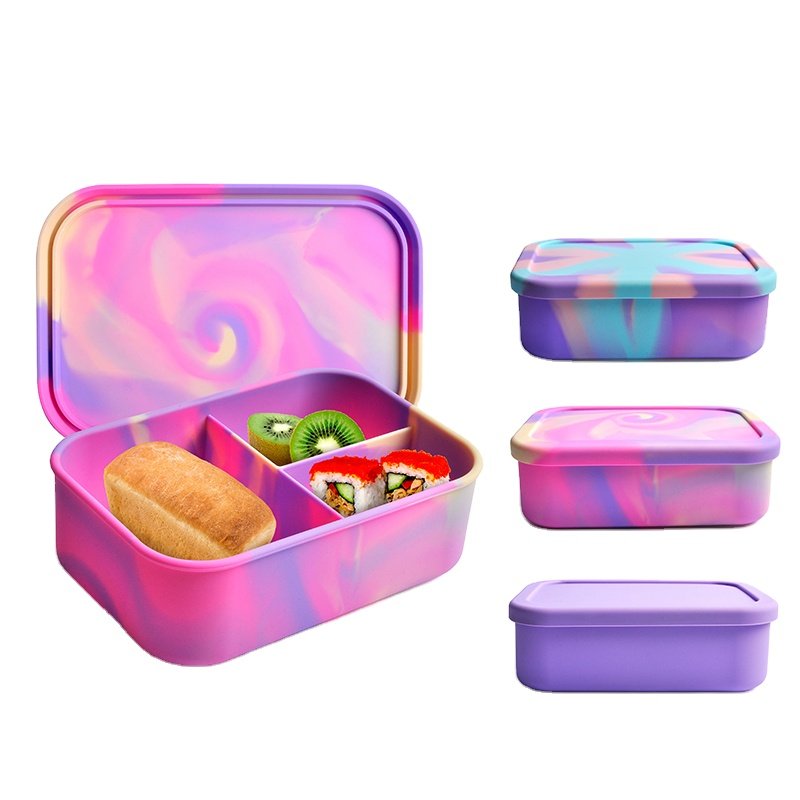3 Compartment BPA Free Silicone Bento box Microwave Safe lunch box for School Children Kids food storage container