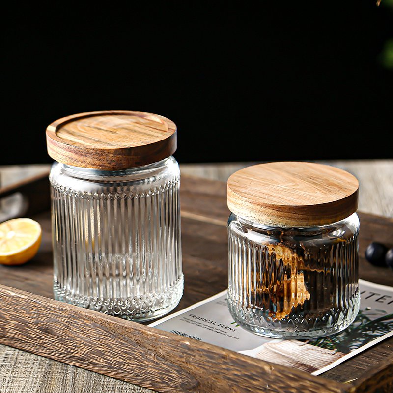 With Acacia Glass Storage Jar Wooden Lid Canister Airtight Spice Jar Vertical Stripe Wholesale BPA Free 500ML 700ML Camping Food