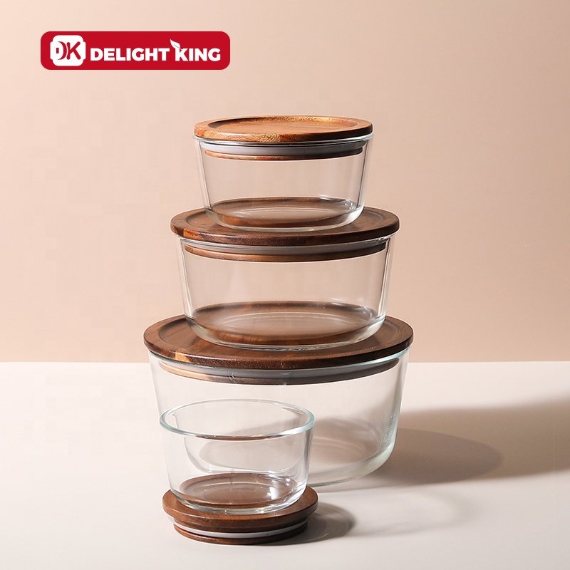 Wooden lid glass food containers for kitchen storage set glass storage box with wood lid