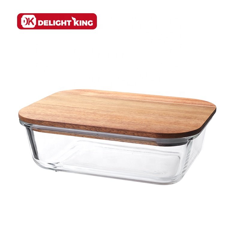 Wooden lid glass food containers for kitchen storage set glass storage box with wood lid