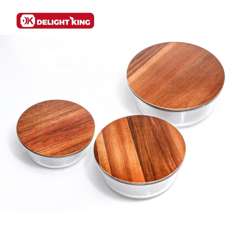 Wooden lid glass food containers for kitchen storage set glass storage box with wood lid