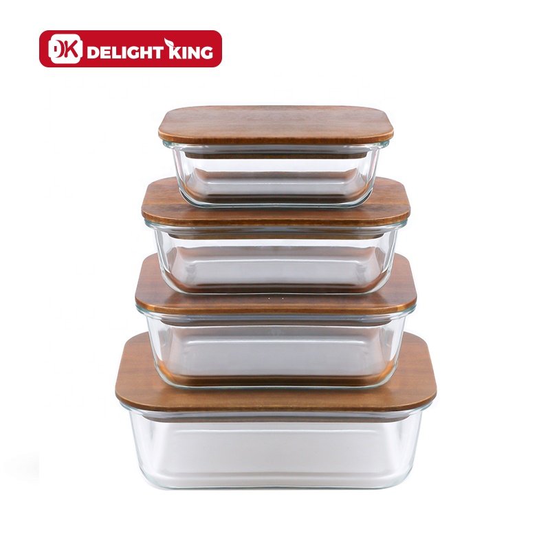 Wooden lid glass food containers for kitchen storage set glass storage box with wood lid
