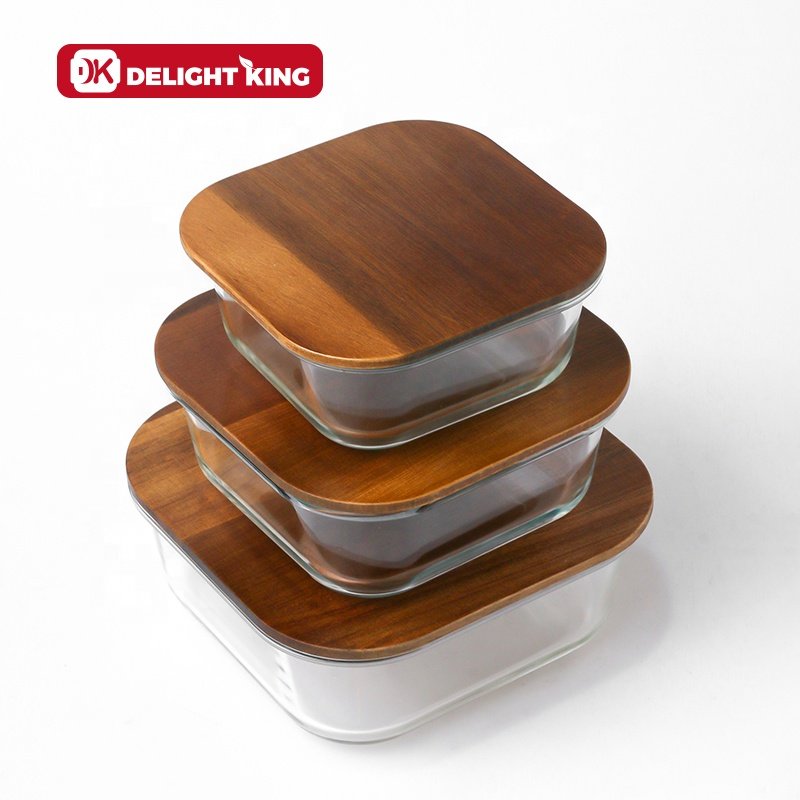 Wooden lid glass food containers for kitchen storage set glass storage box with wood lid