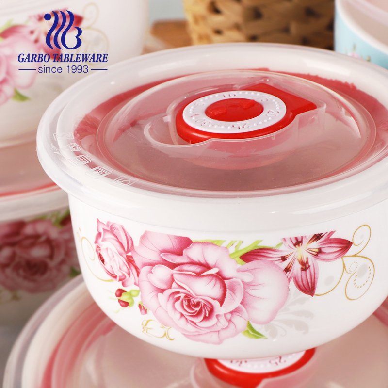wholesale cheap ceramic food storage container OEM decor 3pcs crisper white porcelain Serving bowl set with plastic lid
