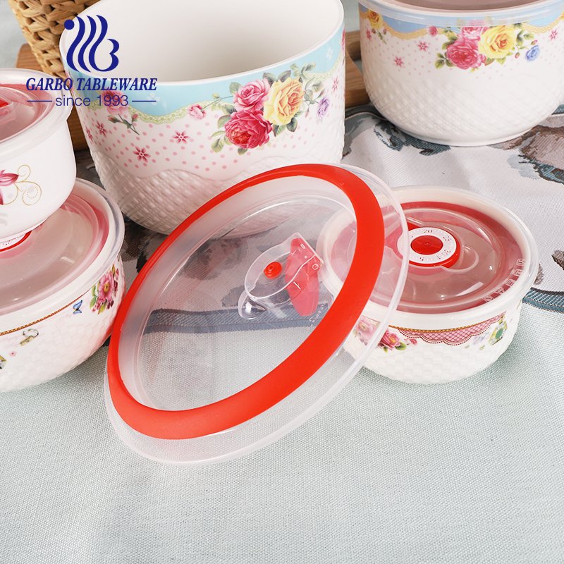 wholesale cheap ceramic food storage container OEM decor 3pcs crisper white porcelain Serving bowl set with plastic lid
