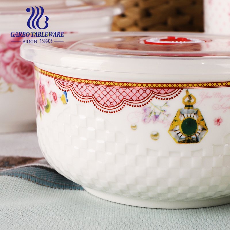 wholesale cheap ceramic food storage container OEM decor 3pcs crisper white porcelain Serving bowl set with plastic lid