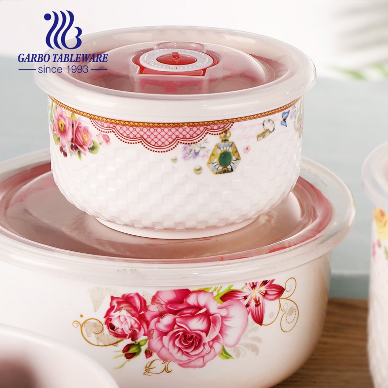 wholesale cheap ceramic food storage container OEM decor 3pcs crisper white porcelain Serving bowl set with plastic lid