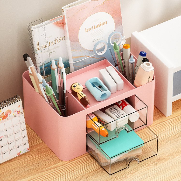 7 compartments cosmetic brush pencil holder stationery organizer desk office storage box with clear drawer