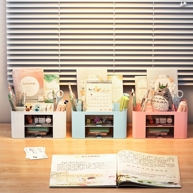 7 compartments cosmetic brush pencil holder stationery organizer desk office storage box with clear drawer