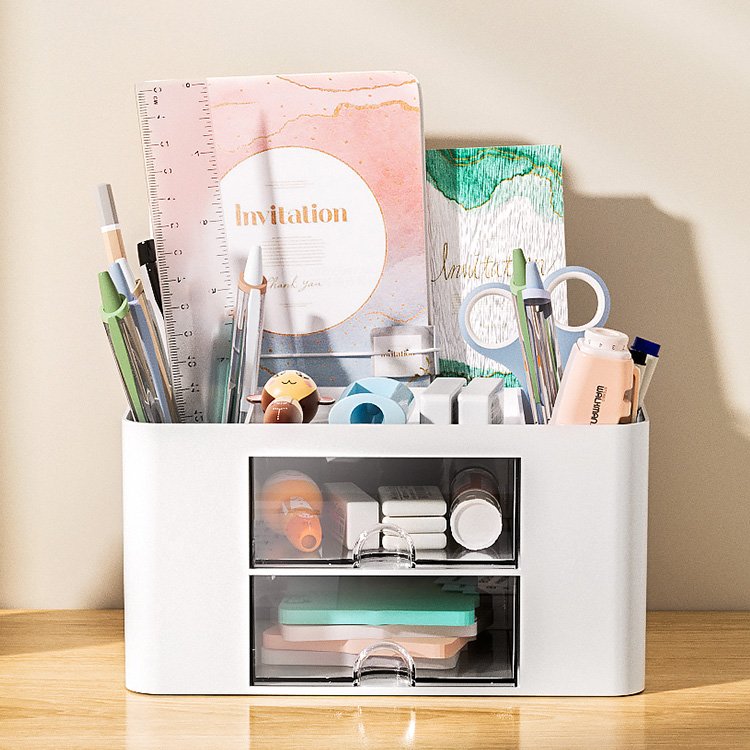 7 compartments cosmetic brush pencil holder stationery organizer desk office storage box with clear drawer