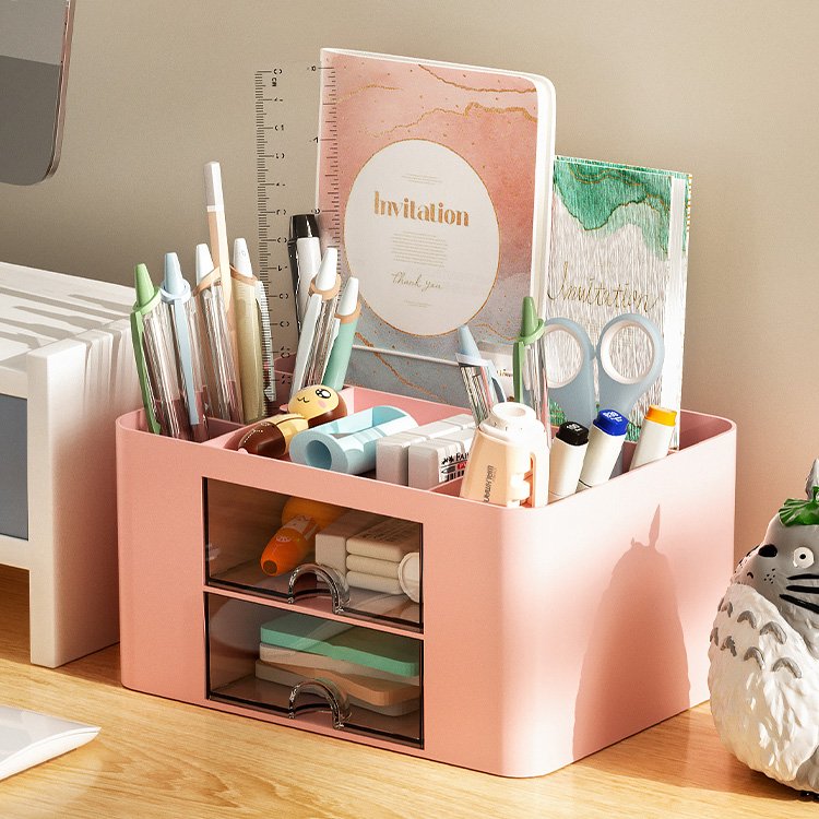 7 compartments cosmetic brush pencil holder stationery organizer desk office storage box with clear drawer